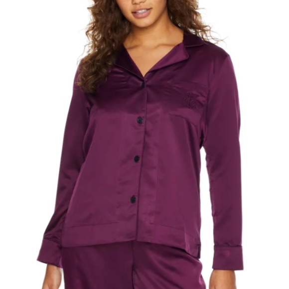 Lauren Ralph Lauren Satin Pajama Set Notch Collar Shirt & Wide Leg Pant Wine S - Picture 2 of 7